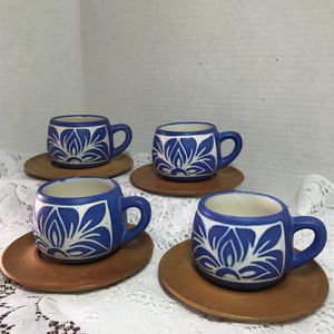 Vintage(1960's) Pablo Zabal Pottery Cups With Wooden Saucers